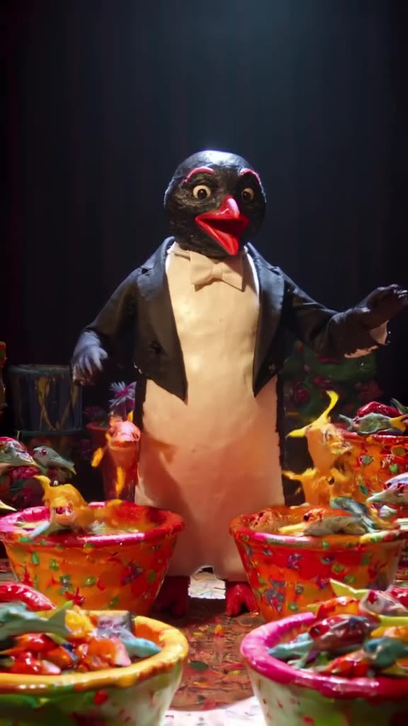 A penguin in a tuxedo conducts an orchestra of fish on a stage. It waves its flipper, and…