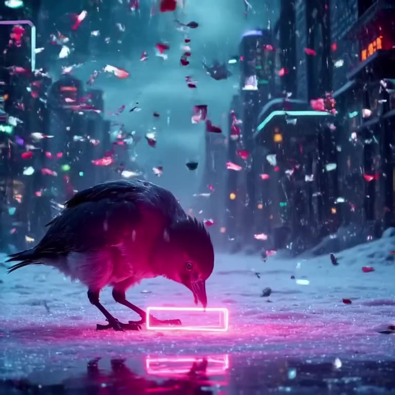 A ptarmigan struts through a blizzard of confetti. Each confetti piece reflects neon colo…
