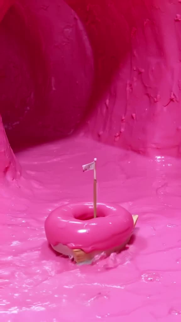 Inside a giant pink donut glaze, a tiny boat with a flag sails through sugary syrup waves…