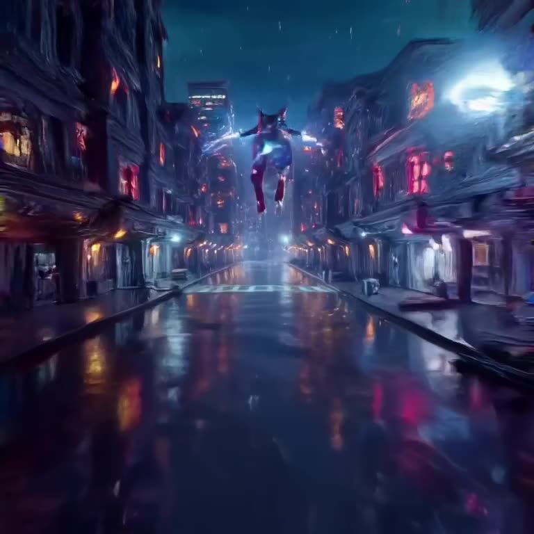 A robotic cat in a cyberpunk city jumps between neon-lit buildings, its tail glowing with…