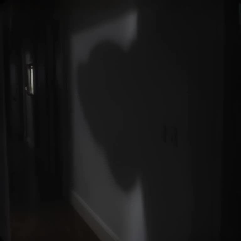 A shaky, handheld cam view of a dark hallway. A shadow looms large on the wall, hearts-sh…