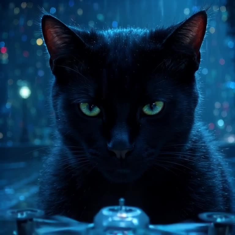 Close-up of a sleek black cat’s face in a neon-lit dark room. A miniature drone approache…