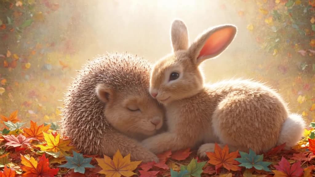 A hedgehog and a rabbit sleeping together in a pile of colorful autumn leaves. The rabbit…