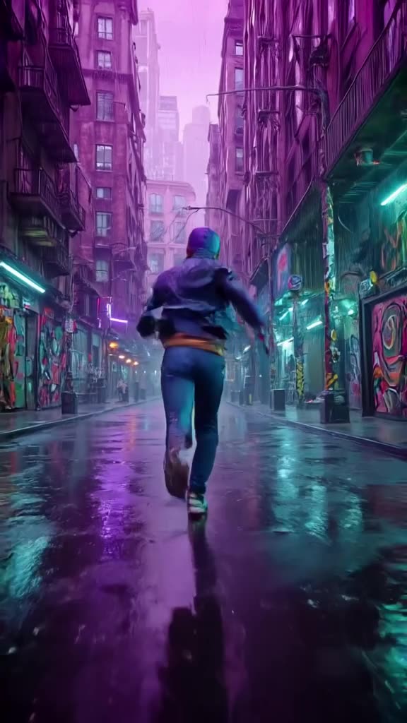 Cyberpunk street scene. Graffiti art comes alive, the character high-fives the camera len…