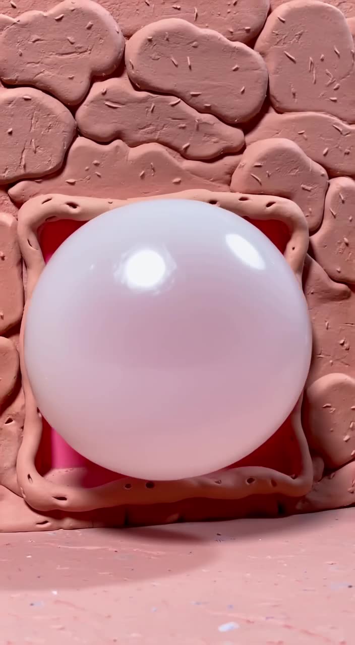 A bubblegum bubble expands until it forms the shape of a luxury condo window. It pops gen…