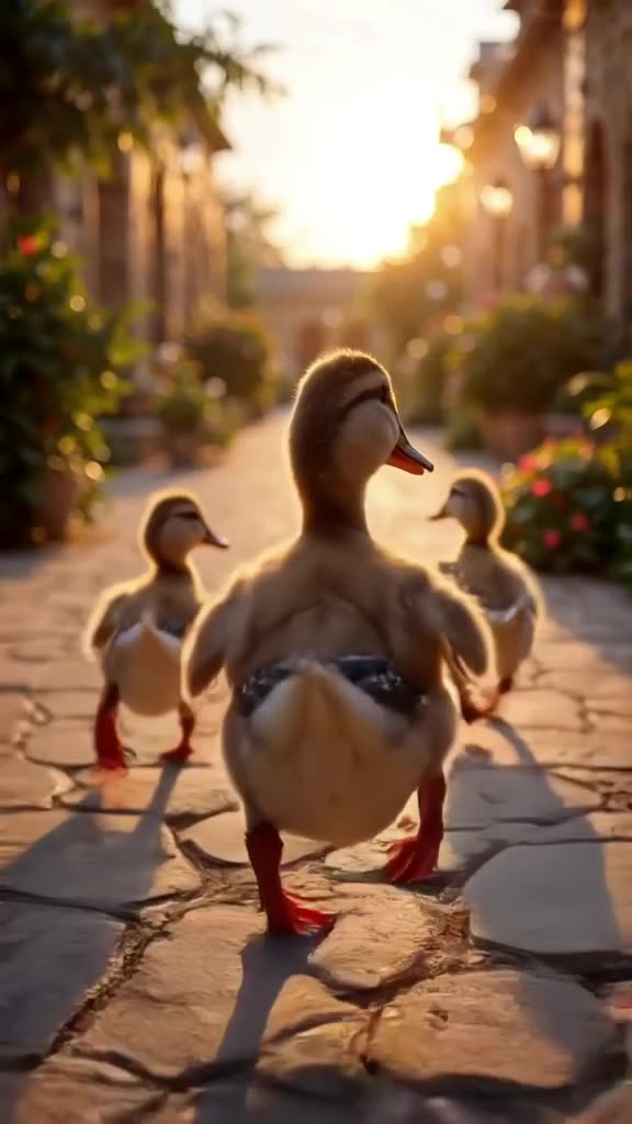 A duckling waddles in a line behind a larger duck through a sunlit courtyard. Warm golden…
