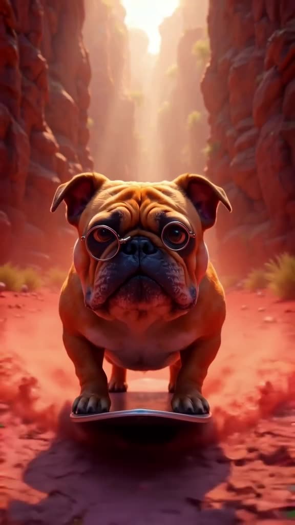 A stern-looking bulldog with a monocle surfs a wave of red dust in the desert. The dog’s …