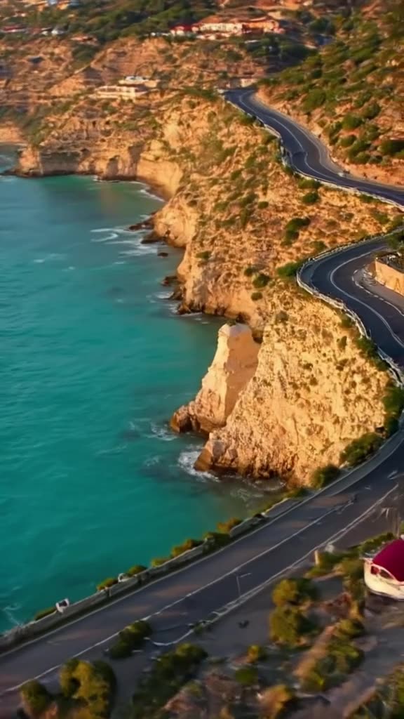 A winding Italian coastal road curves along cliffs. A giant gelato scooper scoops up a ch…