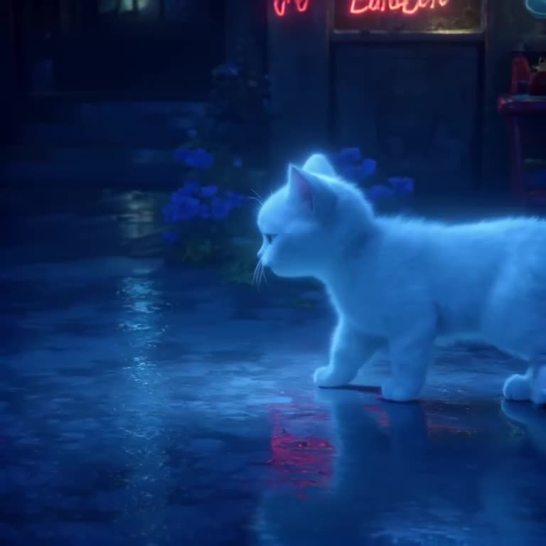 A smartphone screen lights up in the dark, projecting a holographic cat that purrs softly…