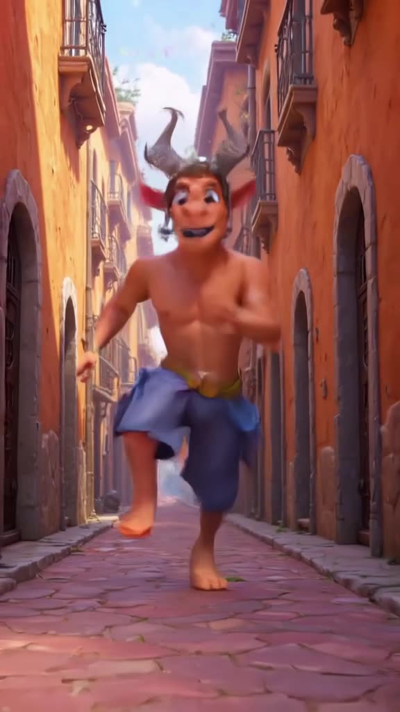 A satyr dances energetically in a narrow alley in Naxos, wearing a headset. His horns bou…