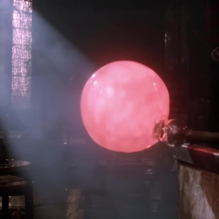 Inside a glowing glassblowing studio, a molten pink orb floats in mid-air, spinning rapid…