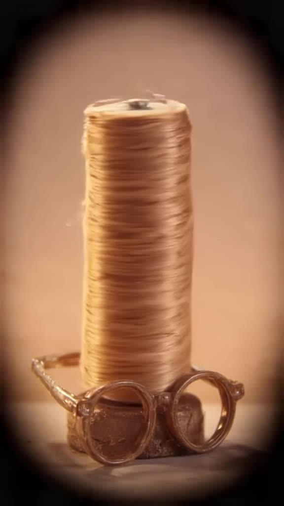 A spool of thread winds itself into a pair of vintage glasses. The frame materializes fro…