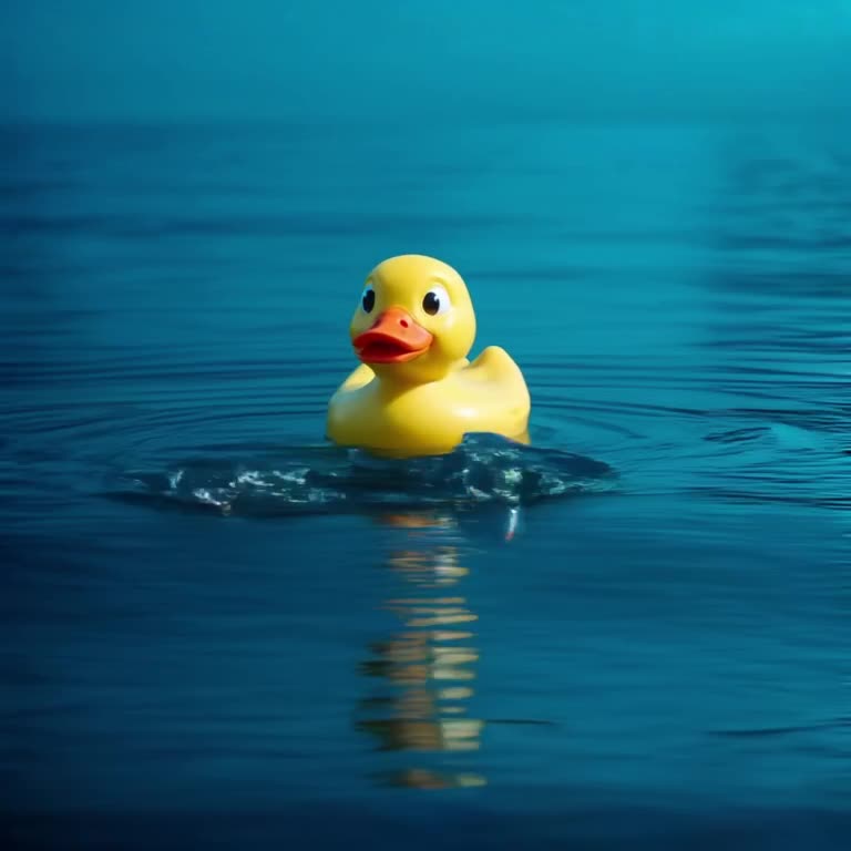 A single yellow rubber duck floats on dark fjord water. A fish fin breaks surface, but th…