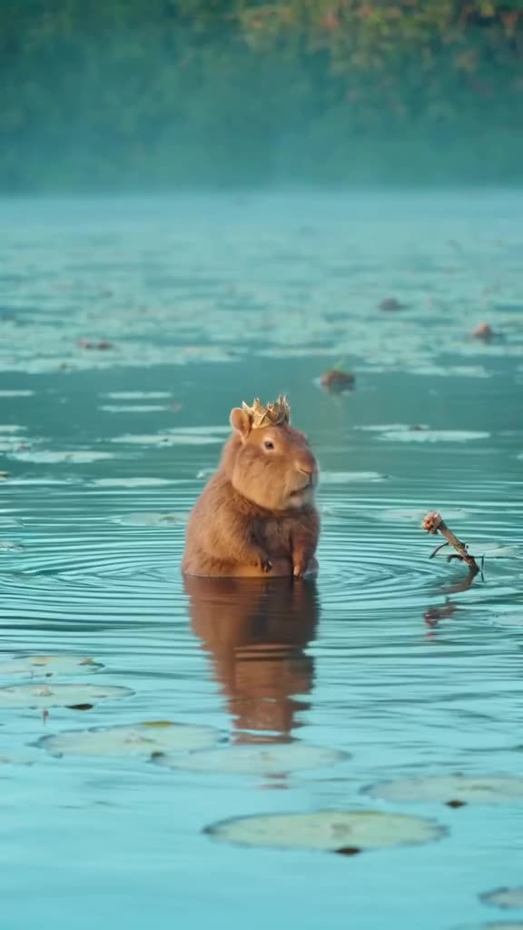 A capybara wearing a miniature crown does a smooth head-bob dance while sitting in a moat…