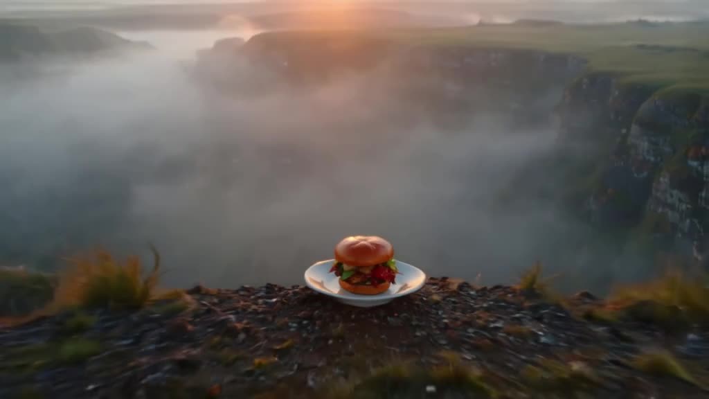 A burger sits on a cliff edge overlooking a misty valley at dawn. The camera rises vertic…