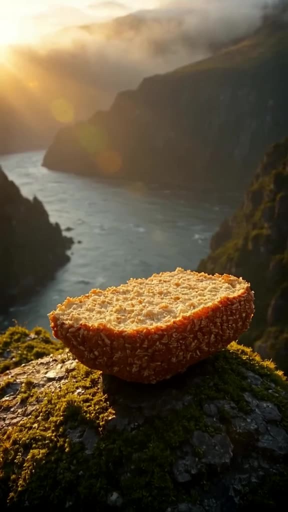 A crusty rye sandwich sits on a mossy rock in a deep Nordic fjord, golden hour light stre…