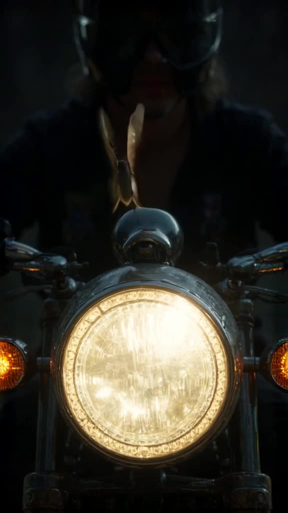 POV: A butterfly lands on the motorcycle’s headlight, then flies off as the engine starts…