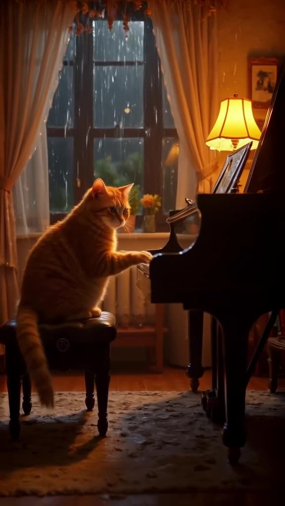 A fat orange cat sits on a grand piano, pressing keys with its tail while rain streaks th…