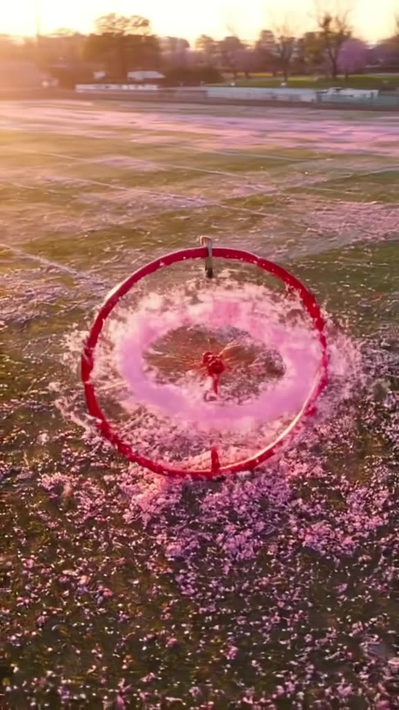 Cinematic drone shot. A single red bicycle wheel spins in a vast, empty football field co…