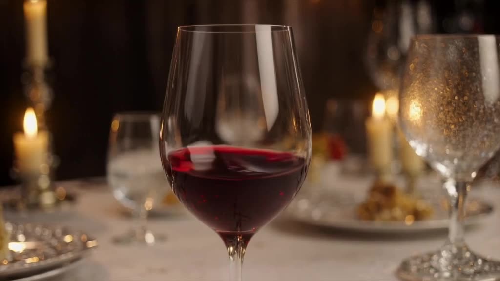 A crystal wine glass is tapped gently, and the vibration causes the red wine inside to sw…
