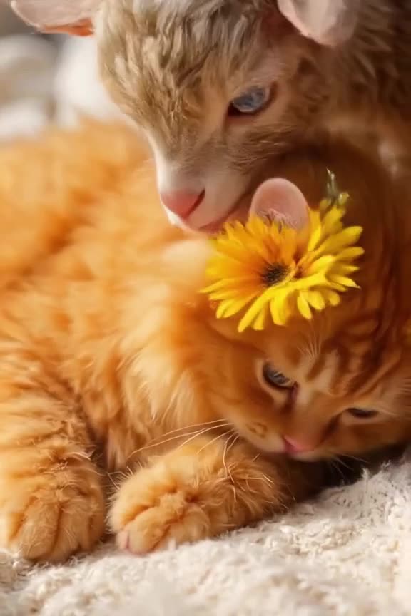 A fluffy orange cat naps on a grandmother’s knitted blanket. A baby goat tiptoes in, care…