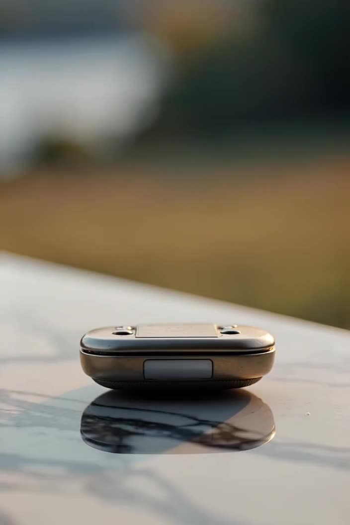 A vintage car key fob unlocks a door, but instead of a click, it plays a harp glissando. …