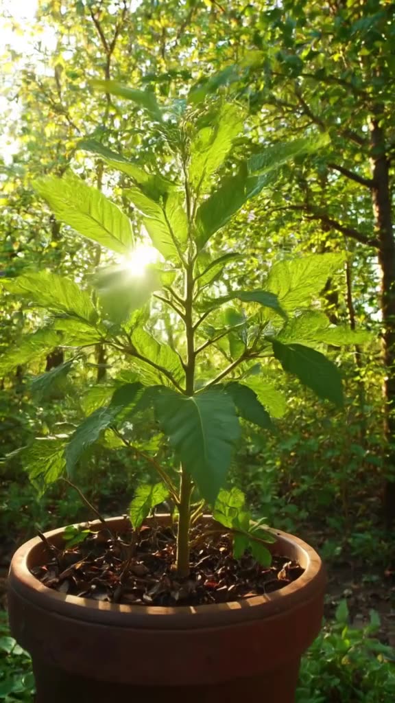 A potted plant grows rapidly, leaves unfurling with a crisp 'rustle' sound, reaching for …