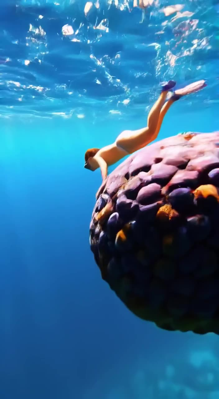 A tiny diver jumps off a giant blueberry into a pool of clear water. Bubbles rise slowly …