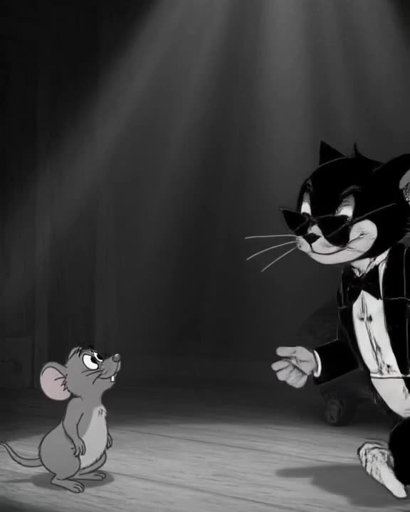 In a noir-style black-and-white room, a tuxedo cat slides into frame wearing sunglasses. …