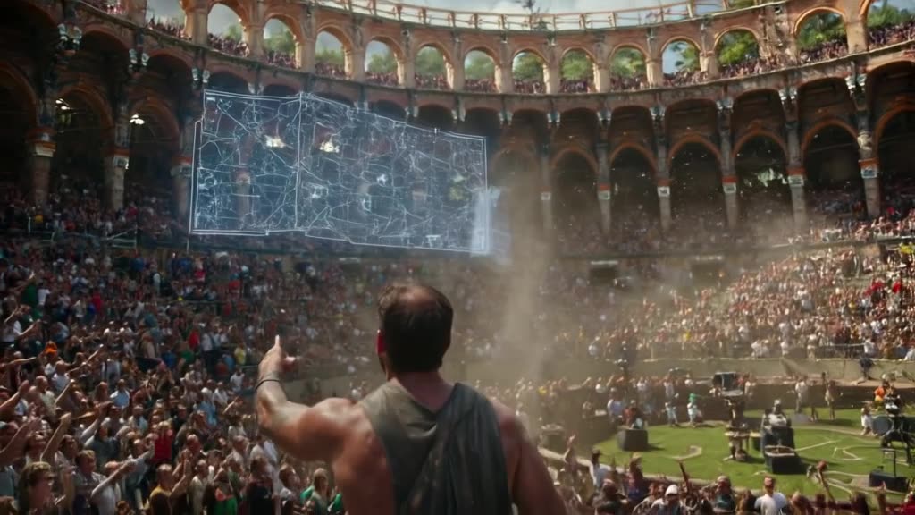 A Roman gladiator in the Colosseum points dramatically at a giant, transparent AR map flo…