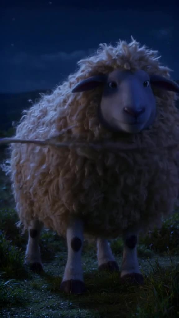 A majestic sheep with thick wool slowly unties its own rope, looks directly at the camera…