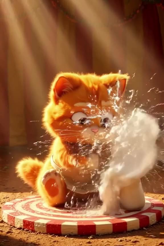 A fluffy orange tabby sits in a tiny striped circus ring, wearing a barista apron. It hol…
