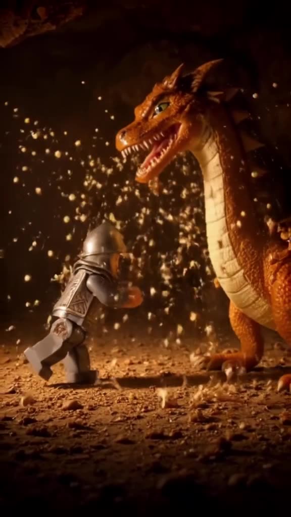 A Lego knight jousts with a dragon made of popcorn. Kernels fly everywhere, creating a cr…