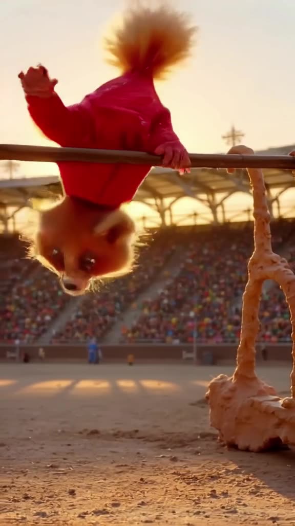 A red panda attempts high-jump in a sun-drenched Olympic stadium, wearing a tracksuit. It…
