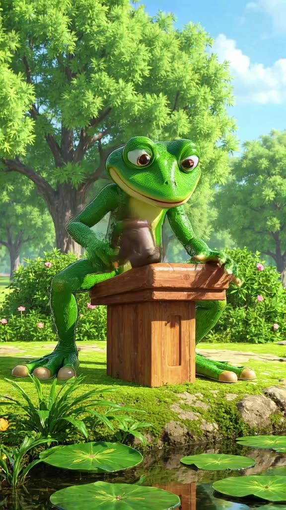 A frog mayor bangs a gavel on a lily pad podium. It slips, sliding off the podium into a …