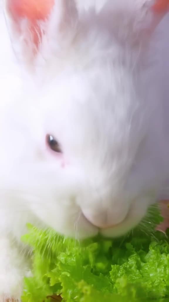 A bunny nibbles a piece of lettuce with intense focus, ears twitching rapidly. Bright, cl…