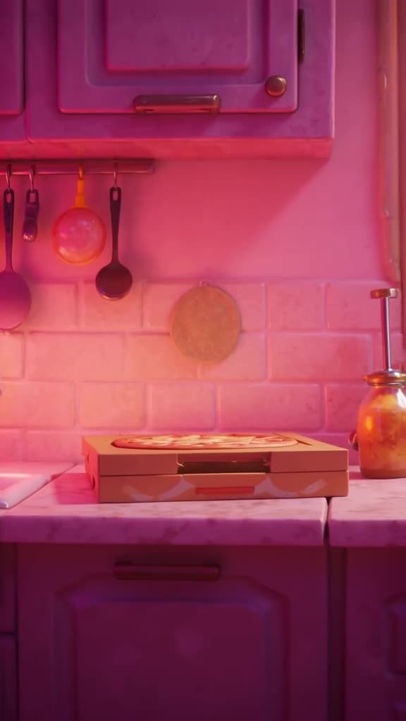 Pixel art kitchen scene where a pizza box is sitting on a counter. The box slowly opens l…