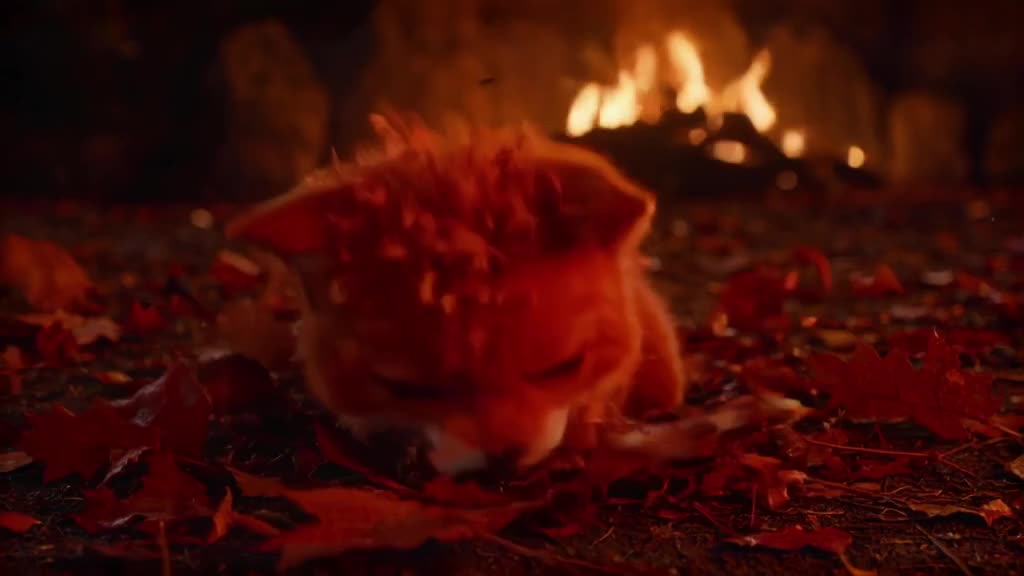 A baby fox curls up in a pile of autumn leaves, sneezing cutely. Warm firelight flickers …