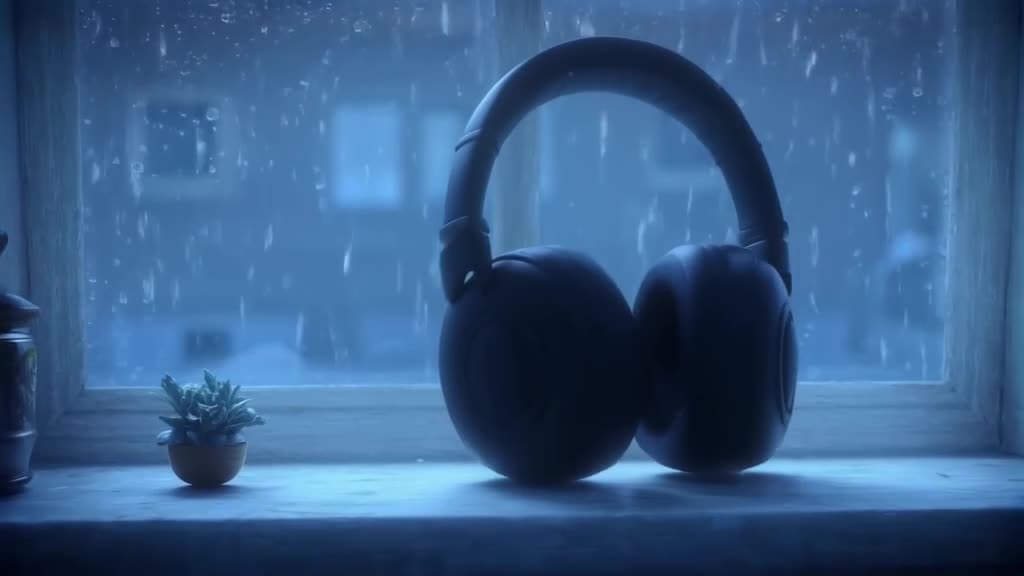 A pair of headphones bobs its head to an invisible beat on a windowsill. Raindrops streak…