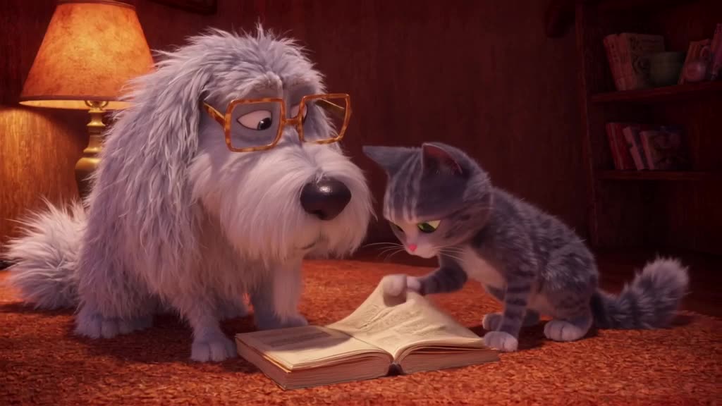 A fluffy Samoyed dog wearing oversized reading glasses shares a book with a curious gray …