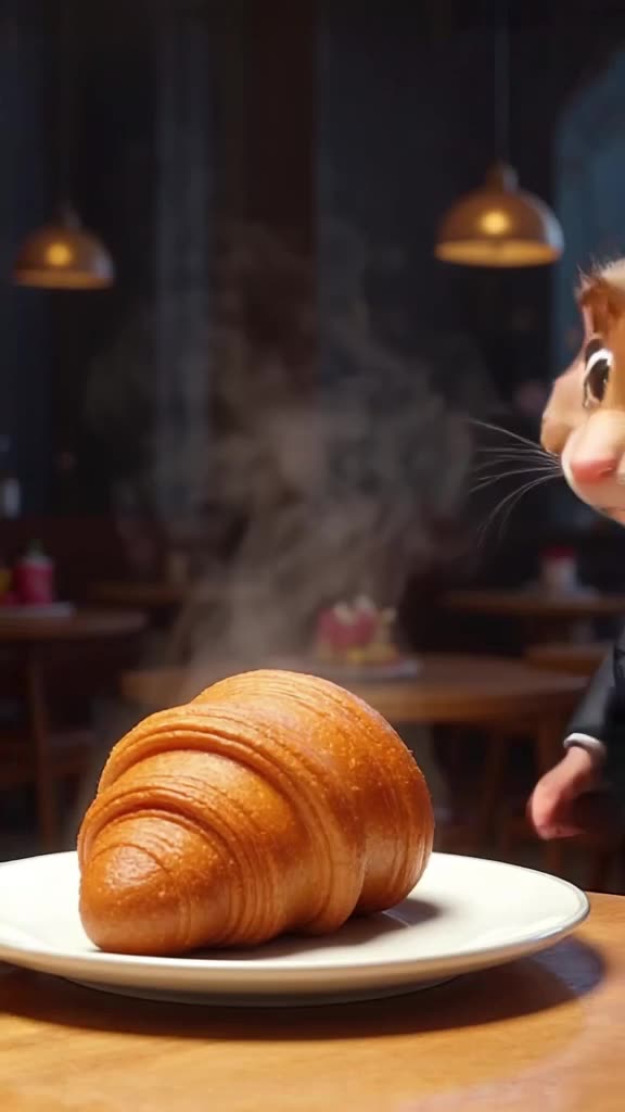 A croissant sits alone on a café table. A mouse in a tuxedo trots in, takes a bite, and g…