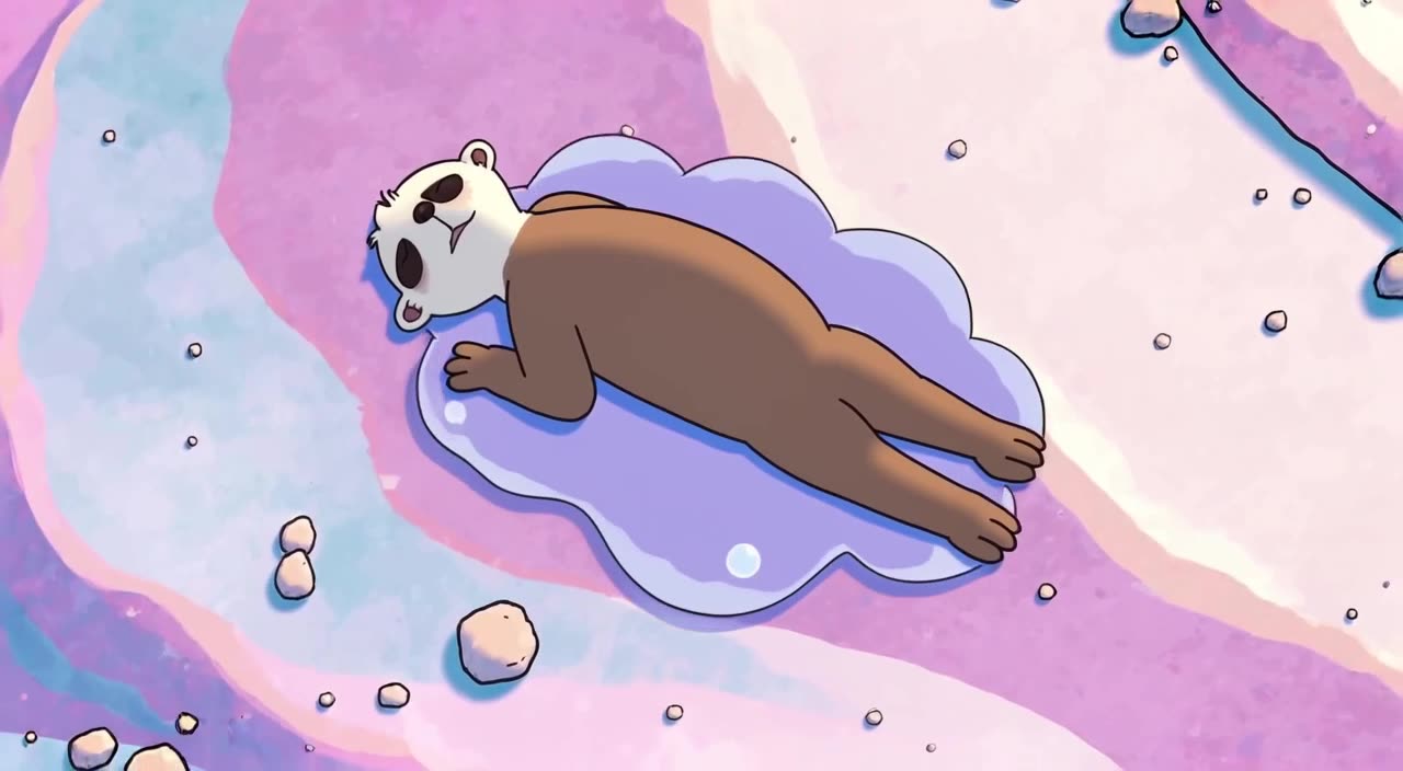 A sloth in a yoga pose melts slowly into a puddle of lavender ice cream. Bubbles rise to …