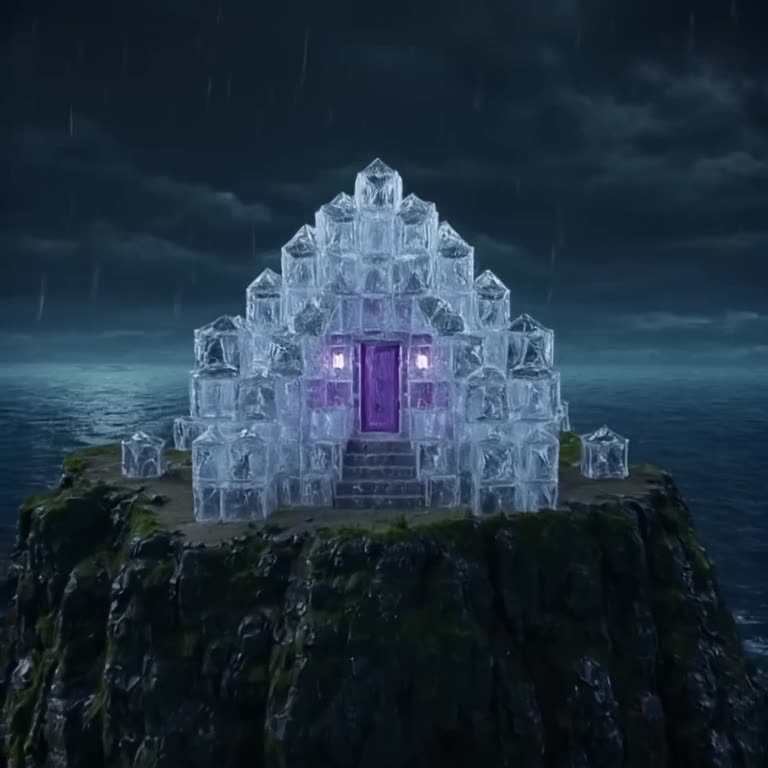A house made of stacked, translucent crystal cubes sits on a cliff edge during a thunders…