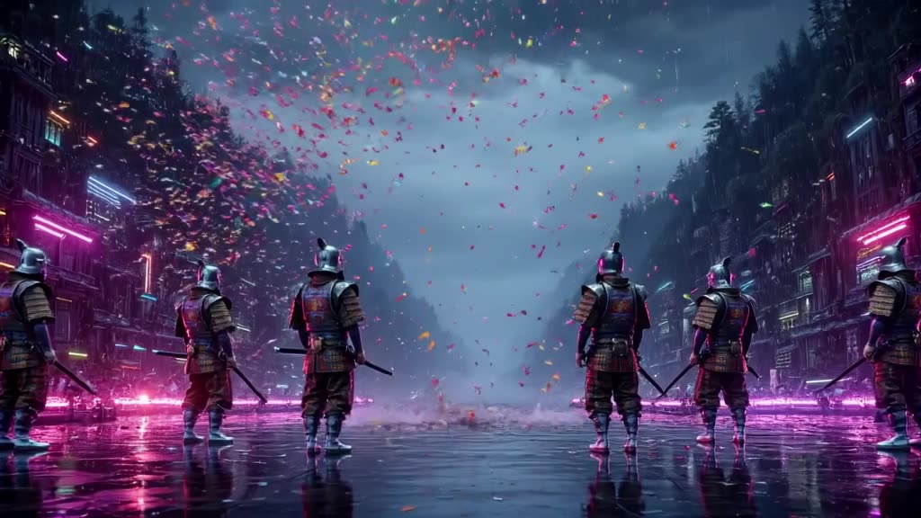 A samurai in ornate kimono armor stands still, facing a sudden explosion of colorful conf…