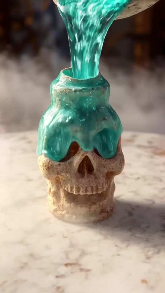 A sugar skull pours glowing teal liquid into a skull-shaped vessel. The liquid swirls wit…