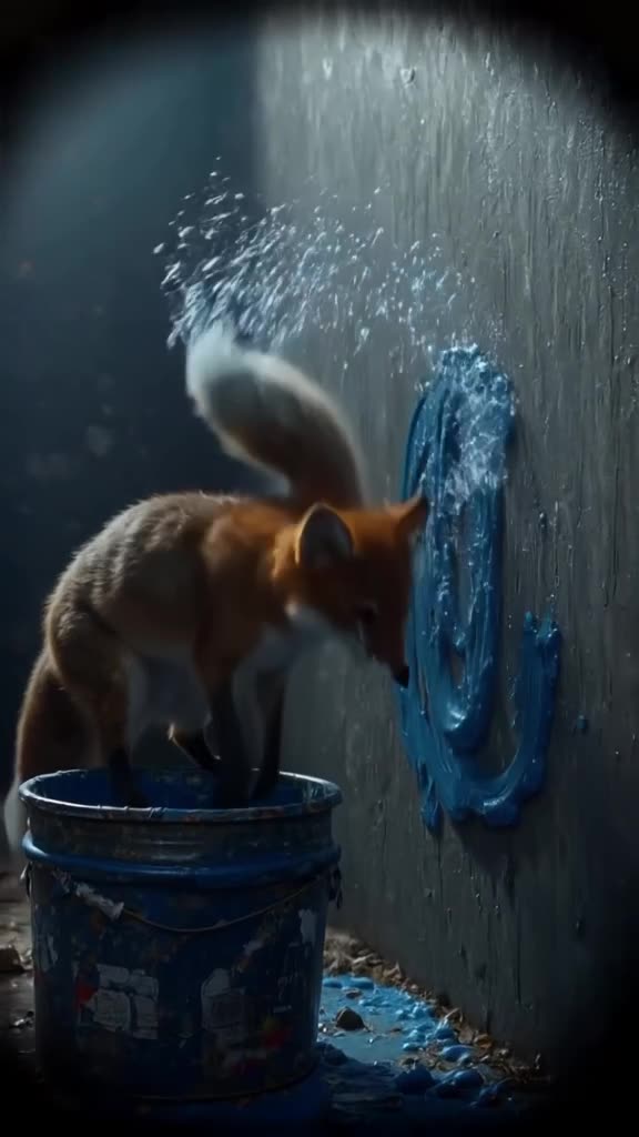 A fox dips its tail into a bucket of blue paint and whips it around, creating a perfect s…