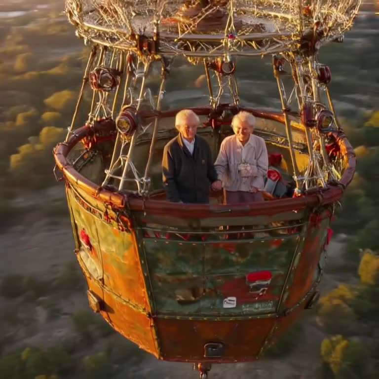 A elderly couple skydiving in a giant vintage hot air balloon basket. They are holding ha…