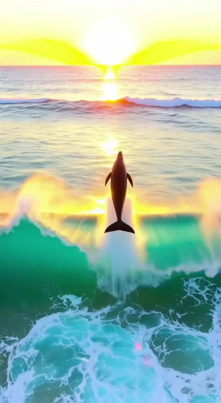 A dolphin leaps out of crystal-clear turquoise water, silhouetted against a glowing sunse…