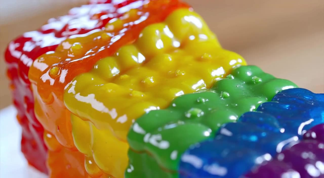 A hydraulic press crushes a cube of rainbow jelly, which squishes out slowly in slow moti…
