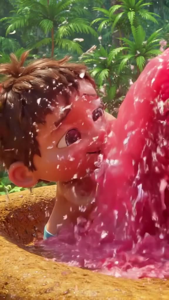 A tiny person uses a coconut shell as a bathtub, splashing pink juice from a giant fruit.…